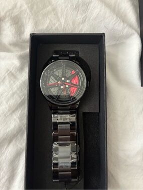 Men's Black Metal Bracelet Watch - Black Car Wheel with Red Caliper